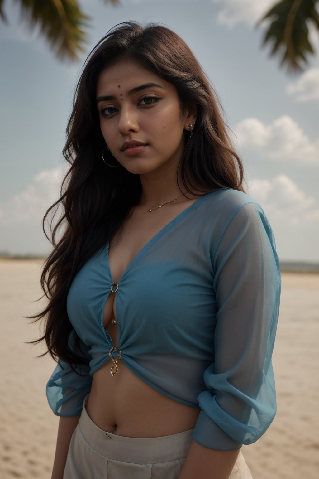 lovely cute young attractive indian girl, blue eyes, gorgeous actress, 21 years old, cute, an Instagram model, long hair, black hair, Indian, weaaring blouse, wearing bindi in forehead, ear rings,looking hot, under sunlight, looking on sky,27 year old girl ,Mallu 