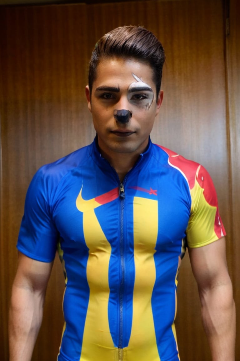  Photo upper body,, buena definición, 8k, high_resolution, Masterpiece, background simple,Fotorealismo, looking at viewer, ,Photorealistic,Masterpiece,lycra suit ,Black painted nose, youngest face,Youngman