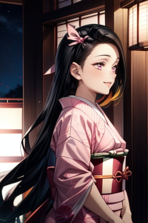 beautiful face, gradient hair, masterpiece, beautiful face, expression smiling, cute woman, seductive look, smiling, watching you, 1 girl, Exquisite visuals, whole body profile,  kamado nezuko , pink eyes ,black hair, forehead, hair ribbon, japanese clothes, kimono, long hair, multicolored hair, pink kimono, pink ribbon, ribbon, smile, very long hair, night sky,