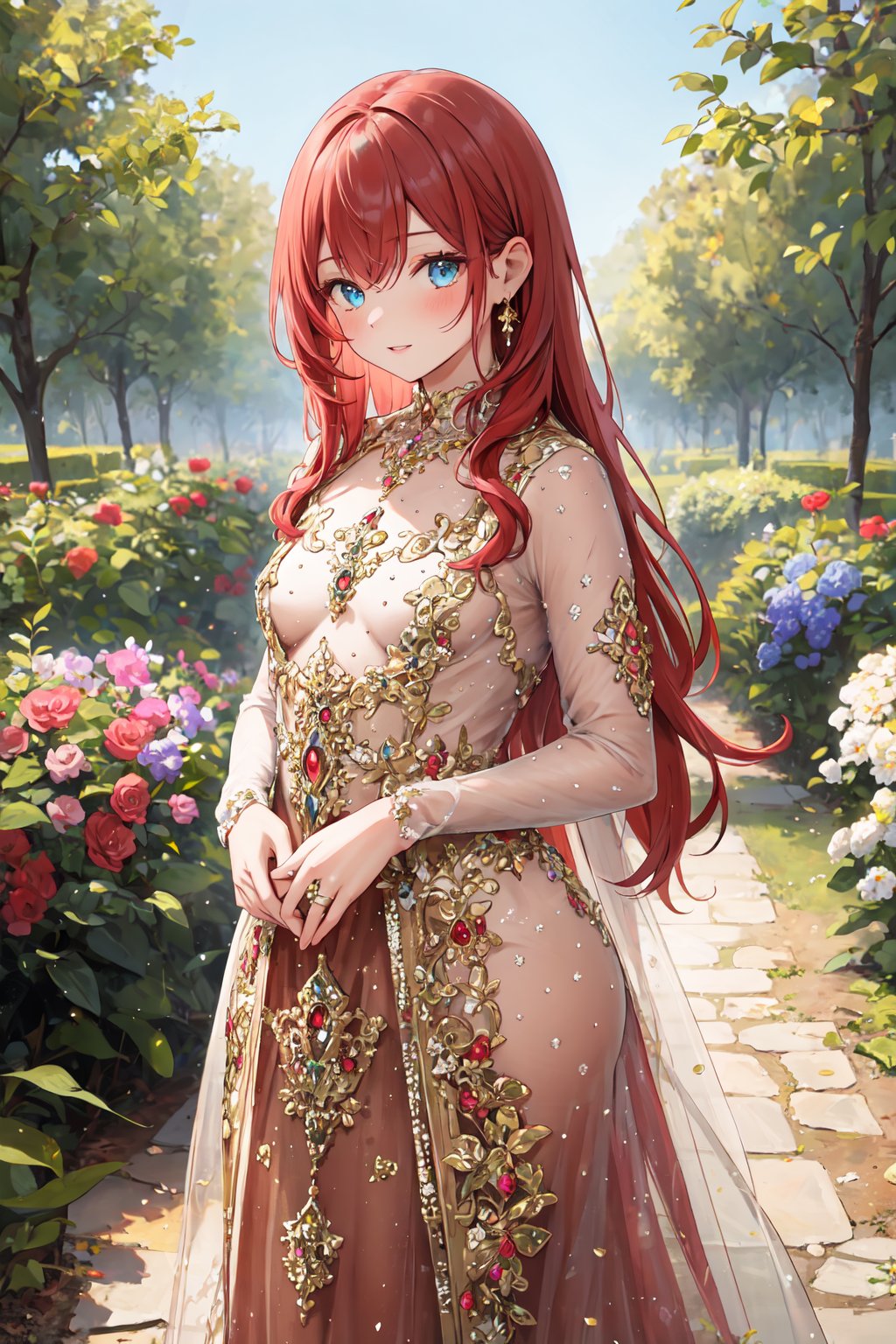 masterpiece,best quality,highres,ultra-detailed,cowboy shot,solo,1girl,small_breasts,long hair,red hair,standing,outdoors,garden,trees,gem,jeweled_evening_dress,