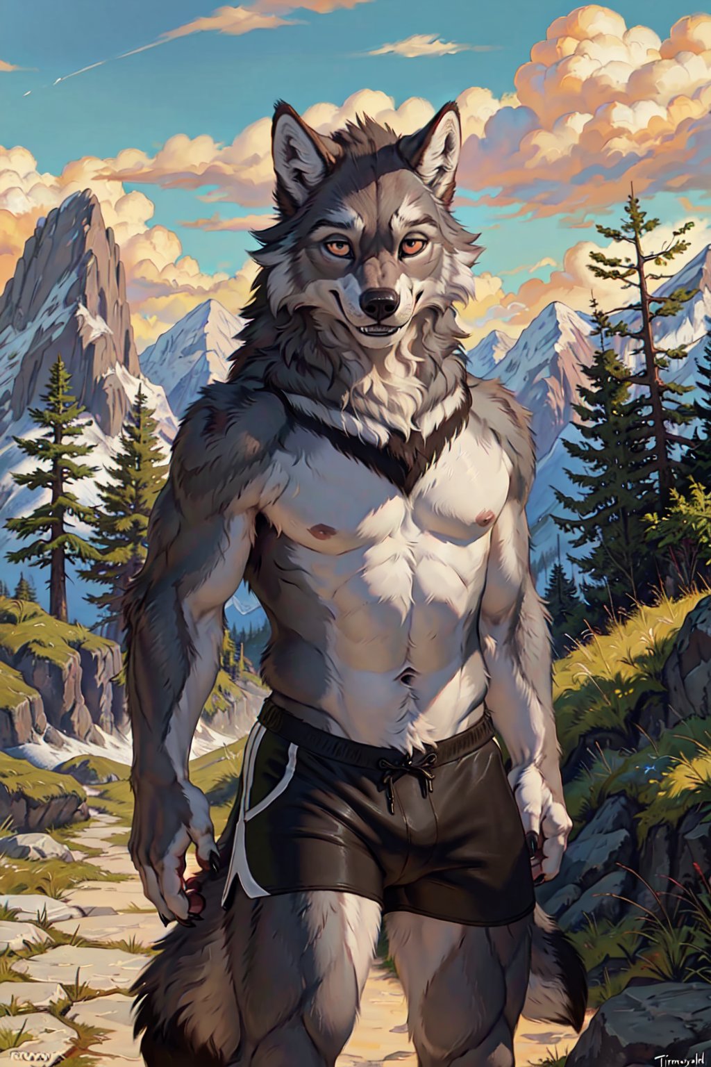 a detailed portrait of a majestic fluffy male ((timberwolf)),((fluffy detailed fur)) ,shorts, (path), mountains, trees, smile, clouds, foxovh honovy hioshiru personalami,  black shorts, brown hands, brown fur, grey body,solo, teeth,tail,looking at viewer, multicolored body, topless, vibrant colors, 