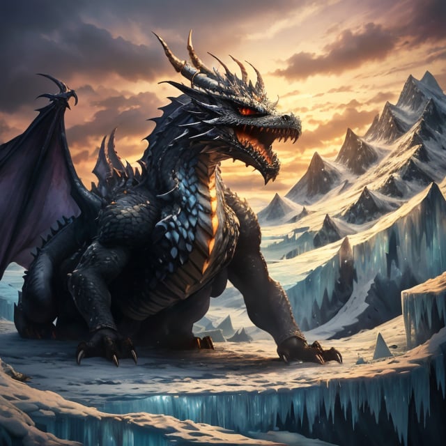 Generate hyper realistic image of a colossal dragon dwelling within the frozen heart of a glacier. The Frozen Glacier Drakon's icy breath creates crystalline formations, and its scales glisten like frosted diamonds as it surveys its frigid dominion.dragon