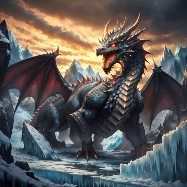 Generate hyper realistic image of a colossal dragon dwelling within the frozen heart of a glacier. The Frozen Glacier Drakon's icy breath creates crystalline formations, and its scales glisten like frosted diamonds as it surveys its frigid dominion.dragon