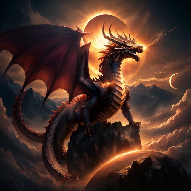 Generate hyper realistic image of a dragon that harnesses the power of a solar eclipse. The Solar Eclipse Shadow Dragon's scales absorb and refract light, creating an awe-inspiring celestial display as it moves through the dimmed radiance of the eclipse.dragon