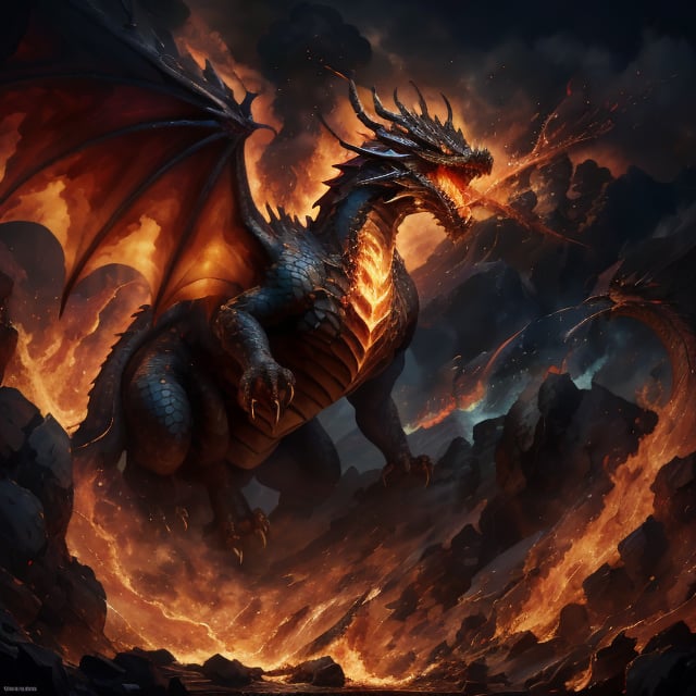 Generate hyper realistic image of a powerful dragon emerging from molten depths. The Volcanic Inferno Drake's scales are ablaze with the fires of its subterranean origins, and magma trails flow from its wings as it breathes forth rivers of liquid fire,dragon