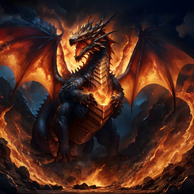Generate hyper realistic image of a powerful dragon emerging from molten depths. The Volcanic Inferno Drake's scales are ablaze with the fires of its subterranean origins, and magma trails flow from its wings as it breathes forth rivers of liquid fire,dragon