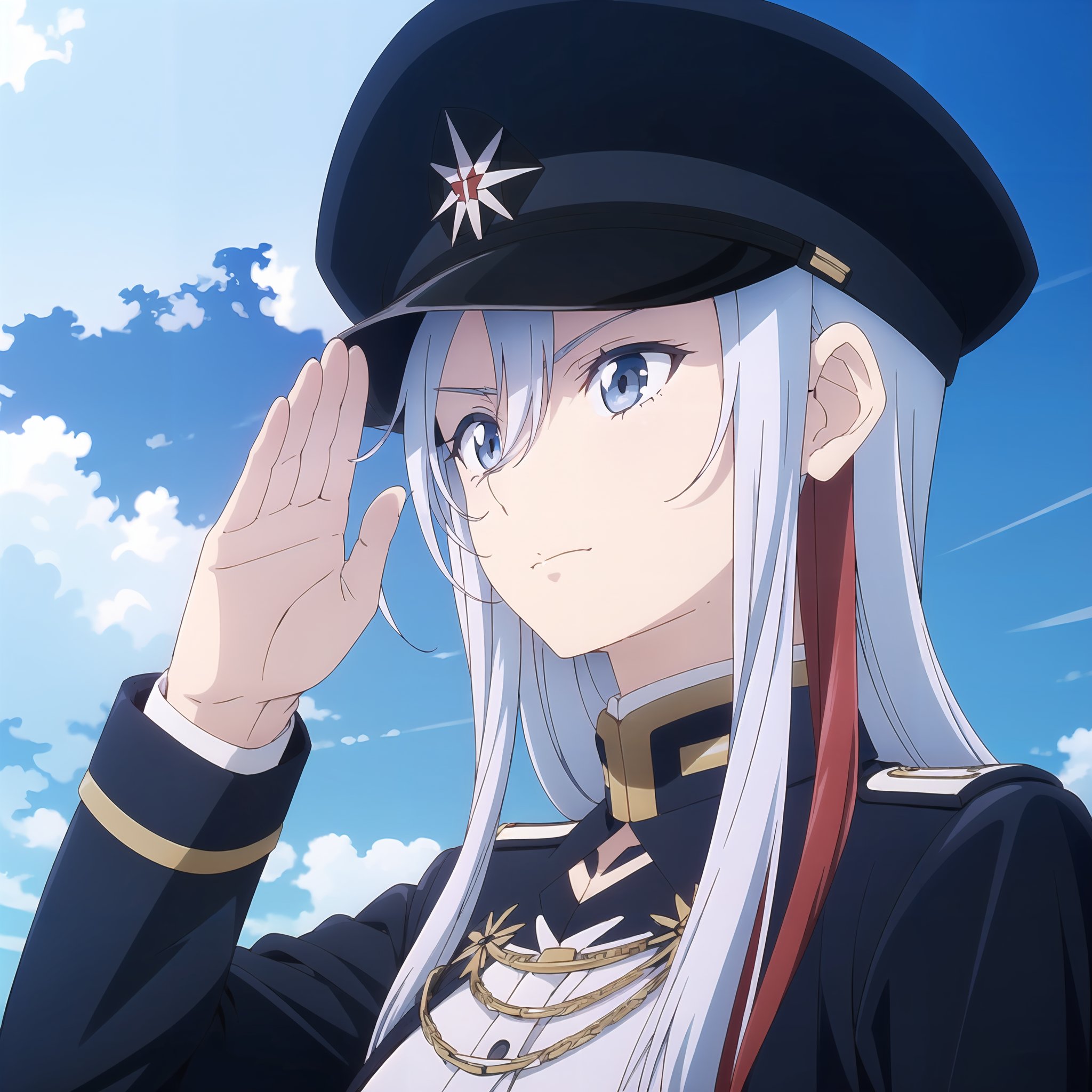 <lora:lena:0.8> lena, 1girl, solo, bangs, shirt, long sleeves, hat, hair between eyes, closed mouth, jacket, white shirt, upper body, multicolored hair, sky, cloud, uniform, blue sky, streaked hair, military, black headwear, military uniform, blue jacket, peaked cap, high collar, military hat, salute, hair behind ear