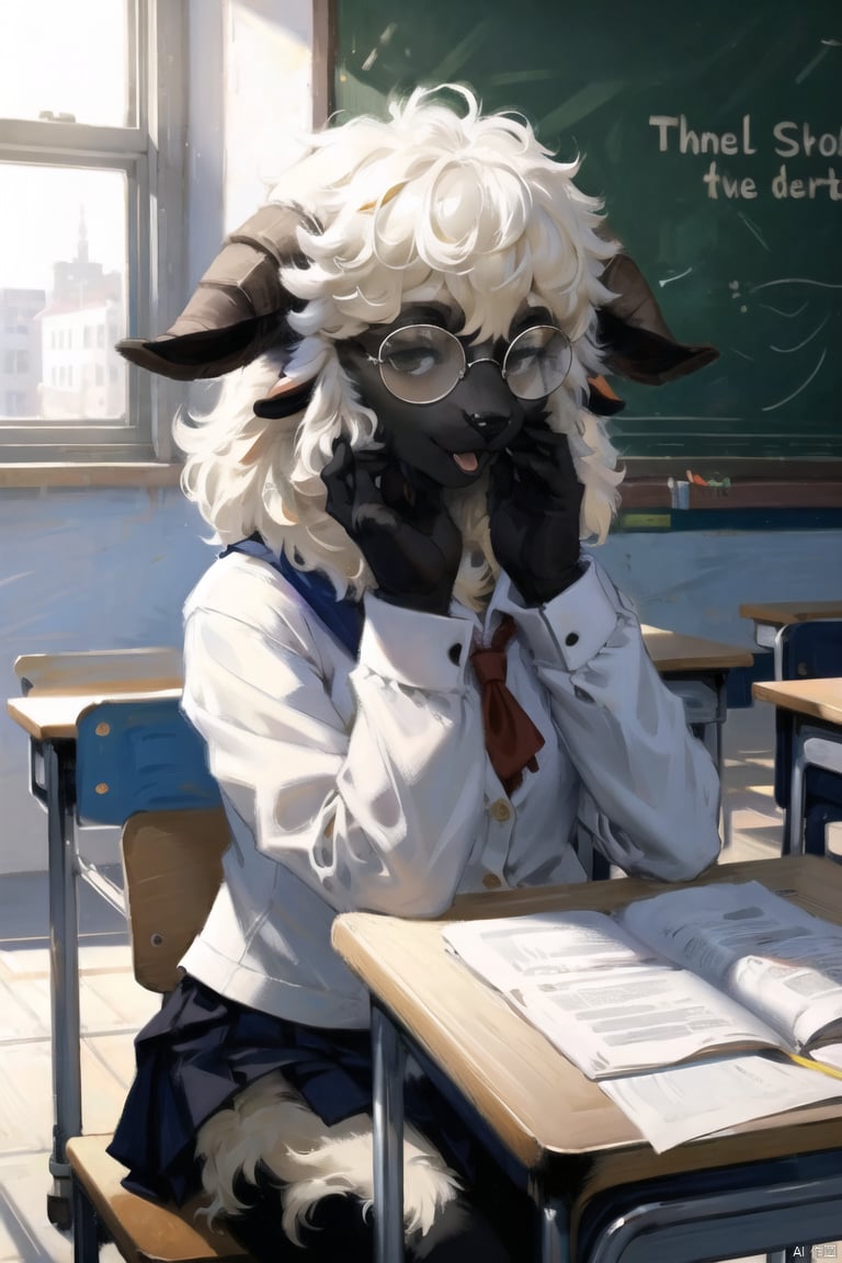  masterpiece,furry sheep girl,BlacknoseSheep,school_uniform,black face,classroom,glasses