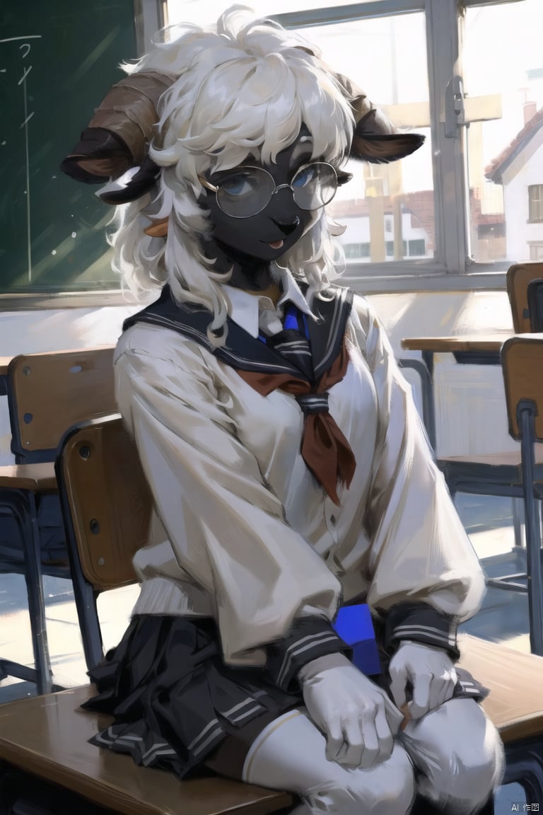  masterpiece,furry sheep girl,BlacknoseSheep,school_uniform,black face,classroom,glasses