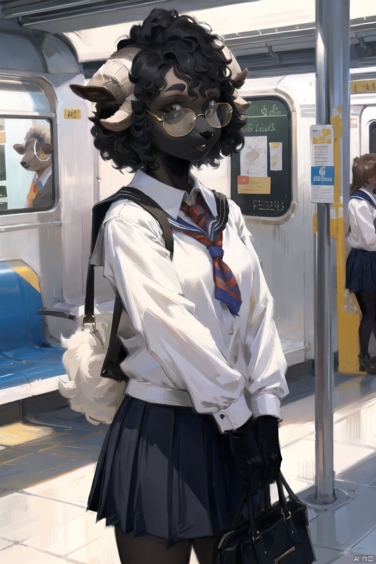  masterpiece,furry sheep girl,BlacknoseSheep,school_uniform,black face,subway staion,glasses