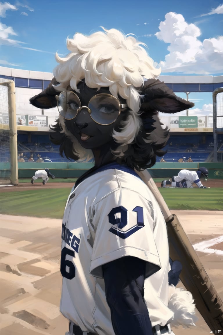  masterpiece,furry sheep girl,BlacknoseSheep,baseball bat,player_uniform,play baseball,black face,ball park,glasses,hit the ball