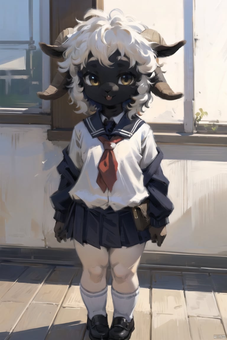  masterpiece,furry sheep girl,BlacknoseSheep,school_uniform,chibi,black face