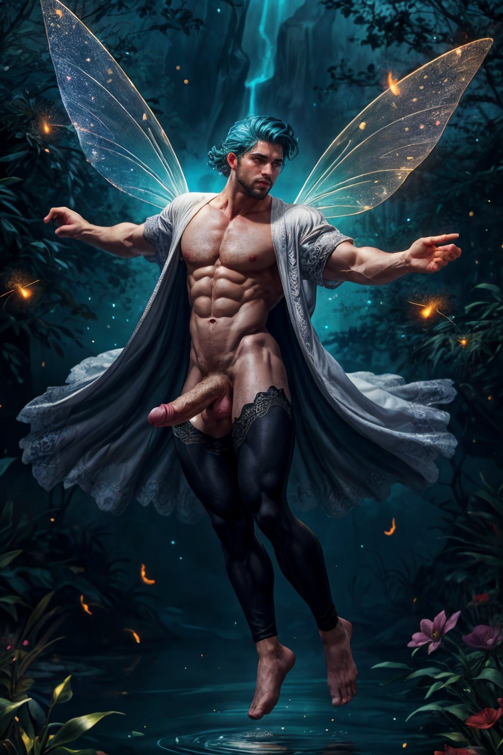 photo of a male fairy, (30 years old), glowing eyes, (bioluminescent man:1.2), outdoors, night, glowing, magical, intricate details, surreal, fantasy, plants, large penis, (multiple fairy wings), (fairy lace robe clothing:1.2), beard, stars, fireflies, glowing particles, dynamic movement, (floating:1.2), (floating clothes), (lace leggings), realistic, cinematic, best quality, detailed background, depth of field, intricate details, dynamic pose, dynamic angle