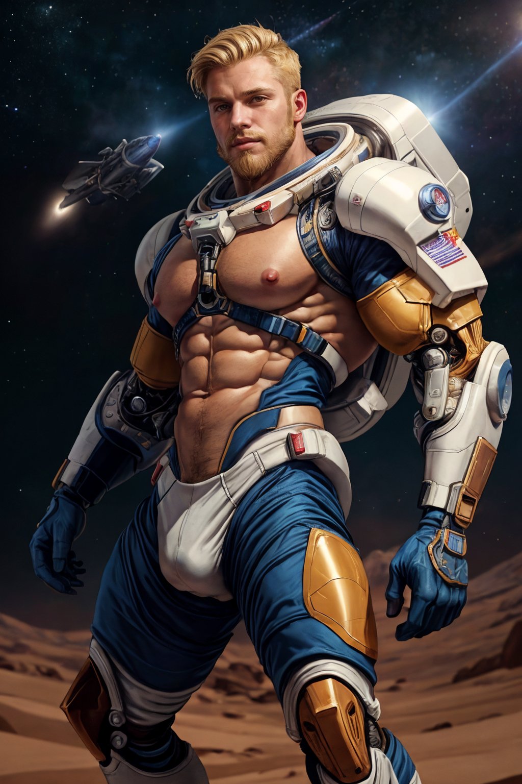 illustration of an american male space explorer wearing futuristic exosuit, exploring mars, blonde hair, beard, realistic, cinematic, best quality, detailed background, depth of field, intricate details, dynamic pose, dynamic angle, (huge-muscles), (large pectorals), (puffy nipples)