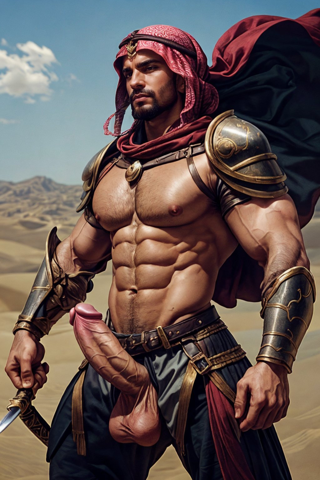 illustration of an arabian warrior fighting in the arabian desert, ((wearing middle eastern warrior armor)), single pauldron, ((holding sword)), strap, pectorals, abs, realistic, cinematic, best quality, detailed background, depth of field, intricate details, dynamic pose, dynamic angle, (huge-muscles), (large pectorals), (puffy nipples), (large penis), male pubic hair