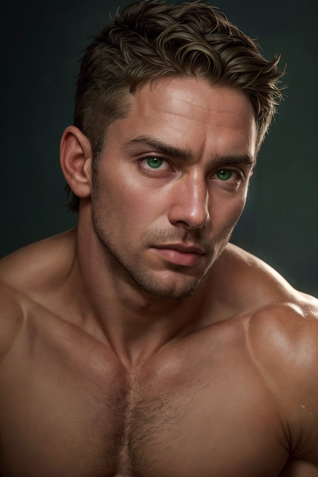 portrait of a man, 40 y.o, perfect face, natural skin, film grain, skin imperfections, ((face close-up)), realistic photography, green eyes, stubble, short cropped hair, muscular, shirtless, realistic, cinematic, best quality, detailed background, depth of field, intricate details, dynamic pose, dynamic angle