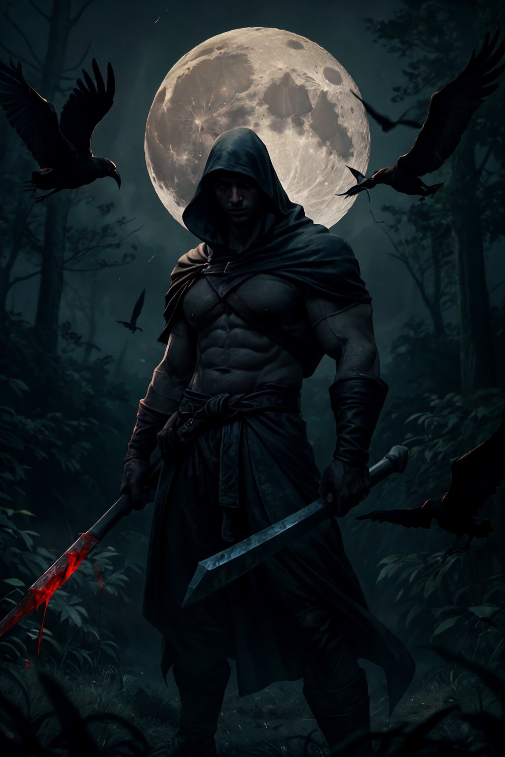 a man cloaked in shadows standing alone in a dark forest, surrounded by flying crows, a moon overlooking in the distance, the man is looking around for something, the man holding a giant scythe, covered in blood, realistic, cinematic, best quality, detailed background, depth of field, intricate details, dynamic pose, dynamic angle, sharp focus, soft lighting, vibrant colors, cinematic photography, volumetric lighting, film grain, hard shadows, chiaroscuro, filmic, subsurface scattering