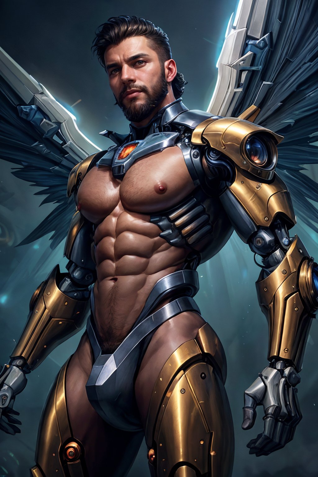 illustration a handsome man, face portrait, human-machine fusion, movie lights, Biomechanical cyberpunk, futurist cyborg emperor, Add lightsource to front, ray tracing, epic lighting, ((mechanical wings)), mechanical parts, mechanical futuristic armor, angelic light, (beard), large pectorals, puffy nipples, futuristic factory background, (mouth open:0.5), realistic, cinematic, best quality, detailed background, depth of field, intricate details, dynamic pose, dynamic angle