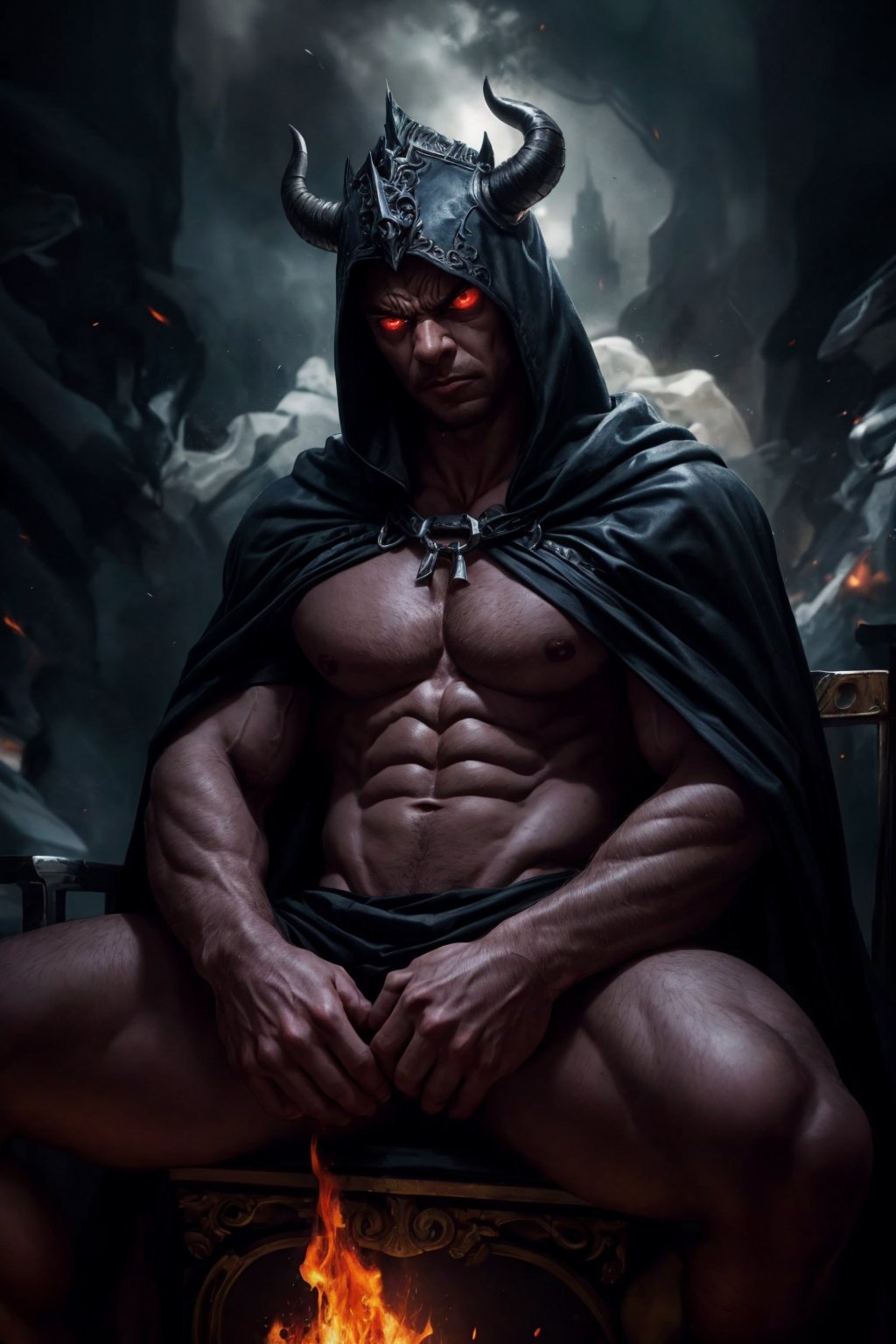 an edgy male villain, smoke, breathing in purple smoke, (close up), (sitting on a throne), black hood, skeleton, male focus, robe, hood up, black cloak, death, soul, breast plate armor, crown with horns, burning hell in background, dramatic shadow, commanding posture, exuding an aura of malevolence and mystery that captivates and intimidates viewers, phenomenal aesthetic, realistic, cinematic, best quality, detailed background, depth of field, intricate details, dynamic pose, dynamic angle