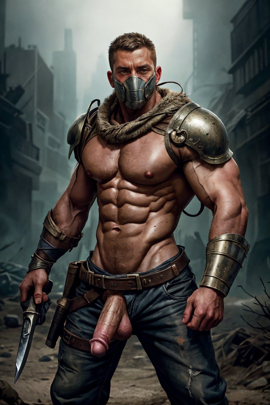 A portrait of a post-apocalyptic warrior with battle scars,Wearing half a metal mask,armor,and weapons,standing in a desolate wasteland,in a detailed digital painting with gritty textures, inspired by the Mad Max franchise, penis, fighting stance, pants, realistic, cinematic, best quality, detailed background, depth of field, intricate details, dynamic pose, dynamic angle, (huge-muscles), (large pectorals), (puffy nipples), sharp focus, soft lighting, vibrant colors, cinematic photography, dynamic angle, volumetric lighting, film grain, hard shadows