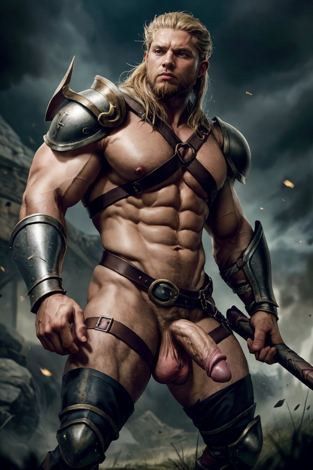 photo of a viking fighting on the battlefield, wearing viking armor, holding battleaxe, penis, greaves, gauntlet, shoulder armor, harness, penis, realistic, cinematic, realistic, cinematic, best quality, detailed background, depth of field, intricate details, dynamic pose, dynamic angle, (huge-muscles), (large pectorals), (puffy nipples)