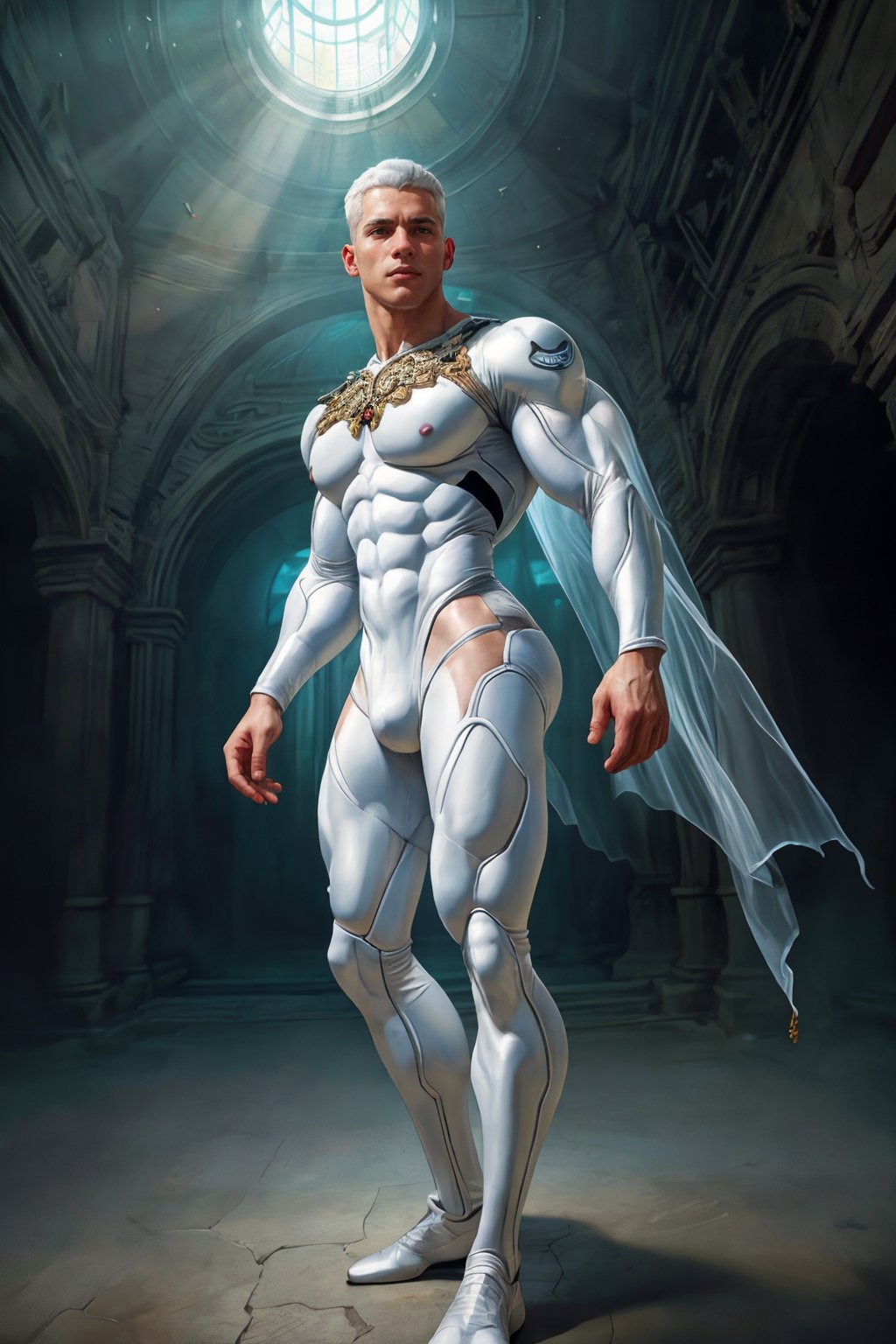artistic painting of a man, clad in a ((translucent white bodysuit:1.2)), full body, symmetrical, adorned with delicate ornaments, amidst a backdrop of futuristic architecture bathed in natural daylight, intricate hyperrealism, volumetric lighting, architectural photography, professional ominous concept art, by artgerm and greg rutkowski, an intricate, elegant, highly detailed digital painting, concept art, smooth, sharp focus, illustration, in the style of simon stalenhag, wayne barlowe, and igor kieryluk, symmetrical, realistic, cinematic, best quality, detailed background, depth of field, intricate details, dynamic pose, dynamic angle, (huge-muscles), (large pectorals), (puffy nipples)
