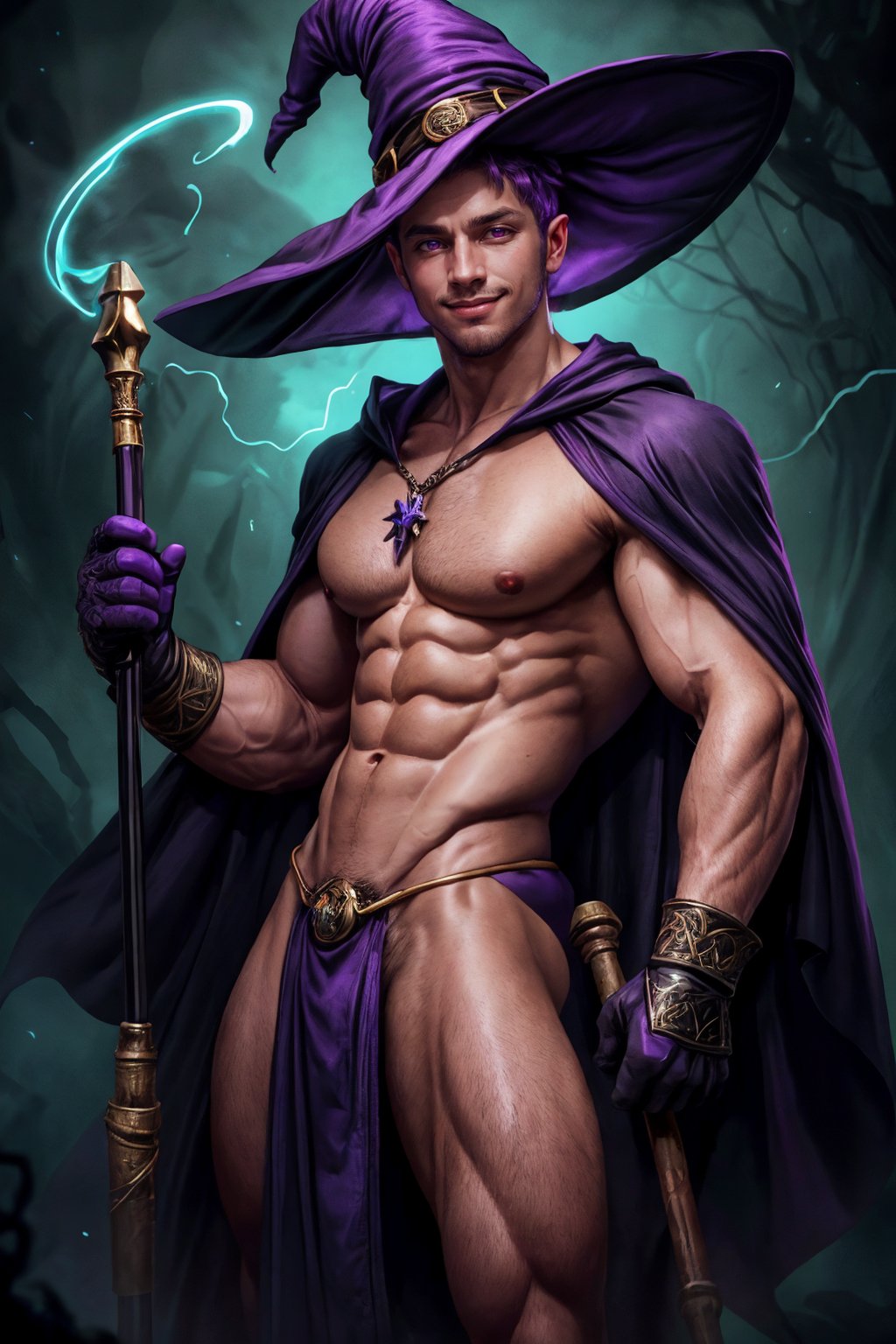 art of a wizard casting magic, swirling purple energy, glowing purple eyes, intricate wizard robe, gloves, witch hat, magic in hand, smirk, holding staff, (chin strap), realistic, cinematic, best quality, detailed background, depth of field, intricate details, dynamic pose, dynamic angle, (skinny), (thin and slender:1.2)
