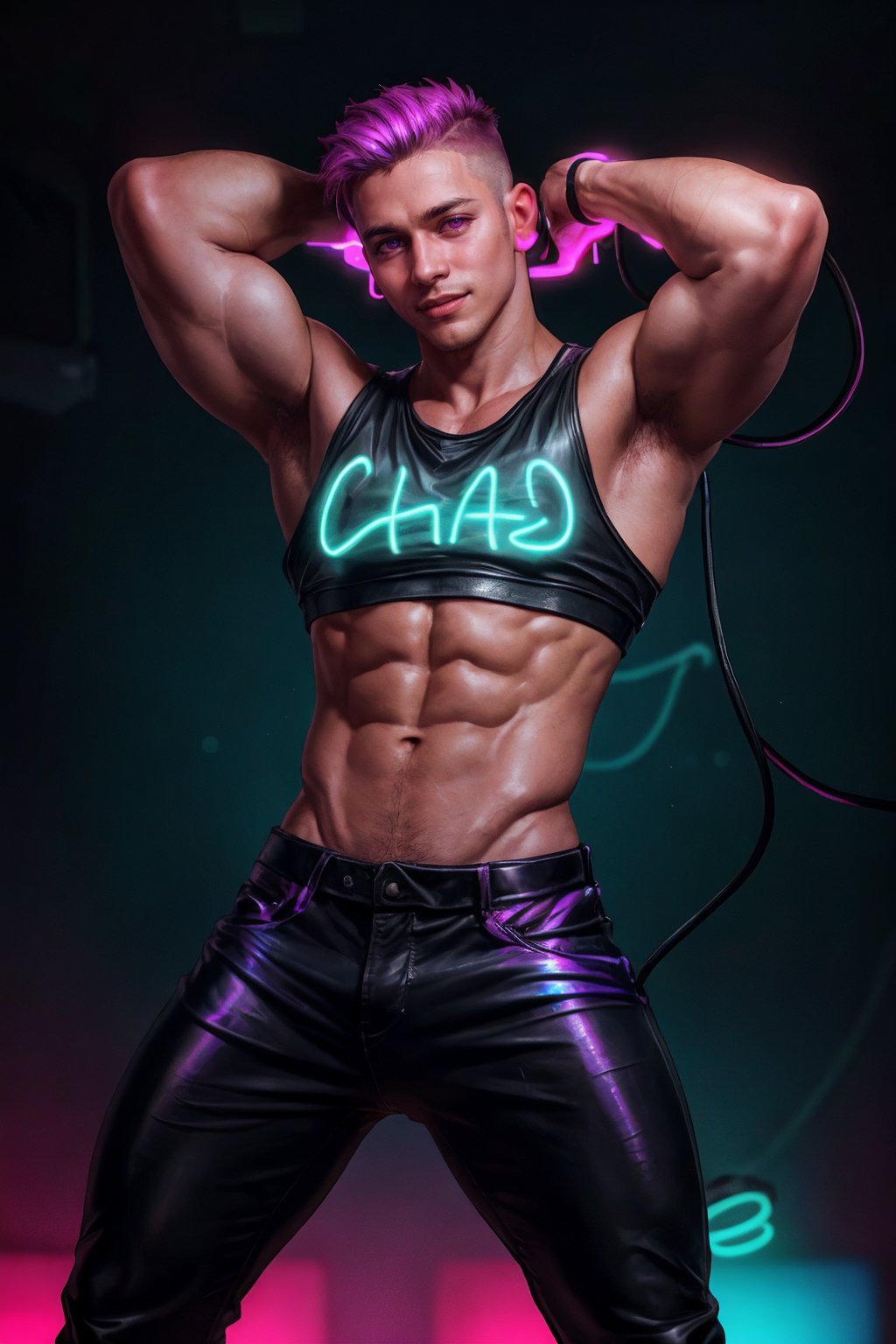 analog photo, a cute man, 25 years old, ((iridescent short hair)), (oily skin), (cyberpunk night club), ((neon lights)), dark background, cyberpunk, fit, (smile:0.8), embarrassed, perfect lighting, magenta eyes, dancing, dynamic movement, male only, leather pants, tight crop top, realistic, cinematic, best quality, detailed background, depth of field, intricate details, dynamic pose, dynamic angle, (skinny), (thin and slender:1.2)