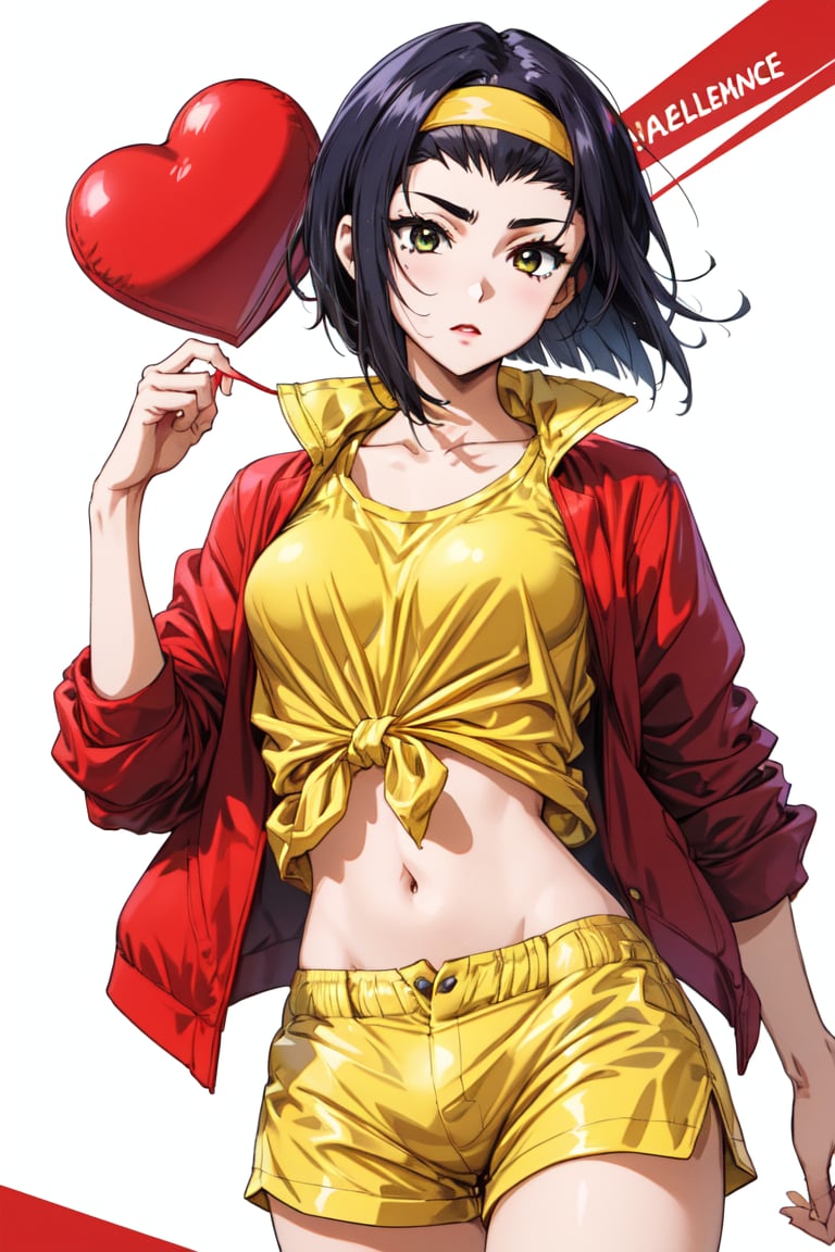 1girl ,fayevalentine,. short hair , yellow shirt, yellow shorts , yellow headband, red jacket 