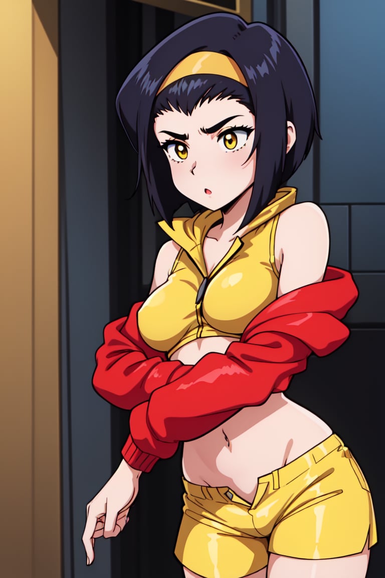 1girl ,fayevalentine,. short hair , yellow shirt, yellow shorts , yellow headband, red jacket 