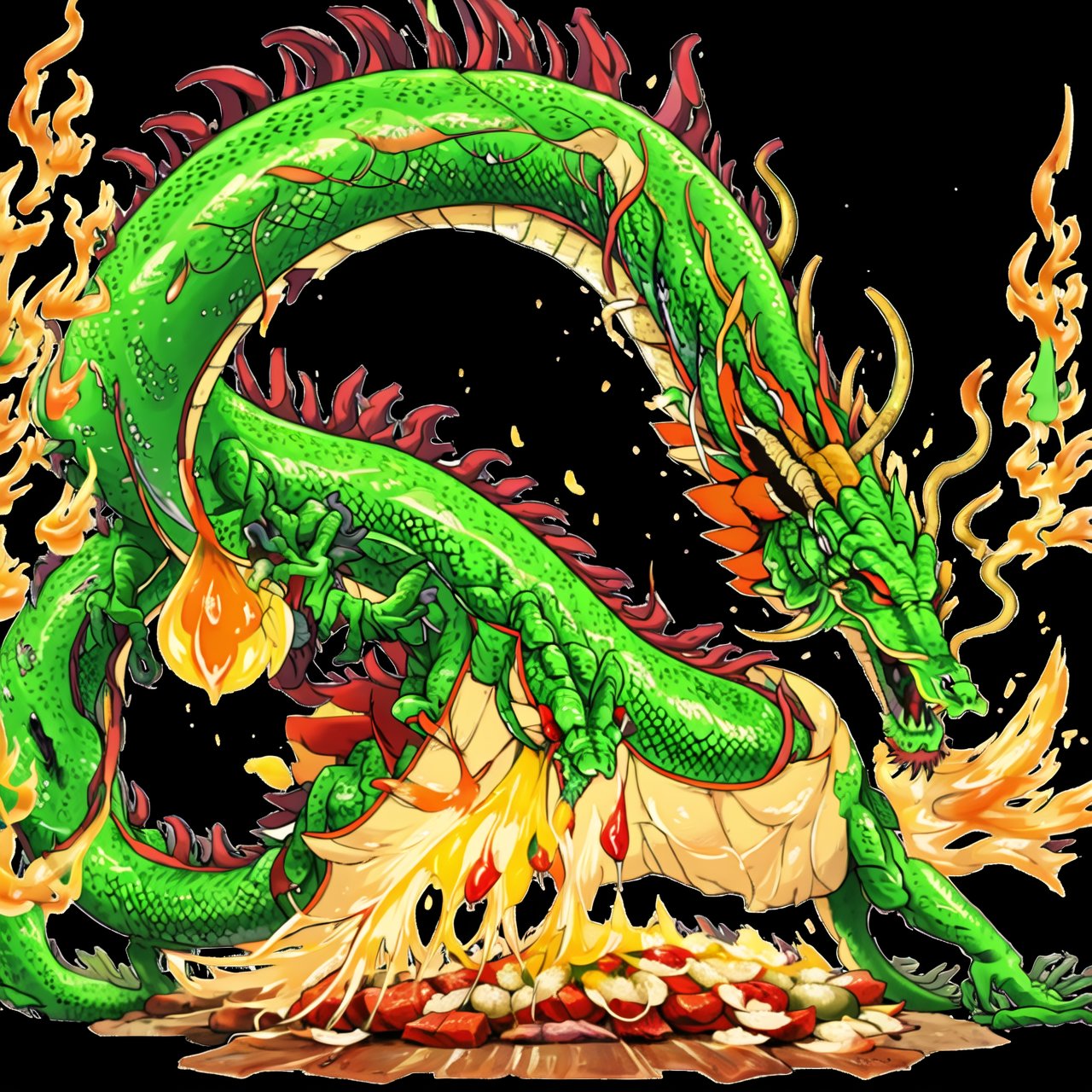 draggable,dragon,eating,fruit,juicy,ripened,exotic,tropical,fresh,slice,dragon's mouth,teeth,scaly,serpent-like skin,horned,sharp claws,vibrant colors,bright,green leaves,delicious aroma,sweet juice,refreshing,water droplets,dragon scales,shining,glistening,red,yellow,orange flesh,exquisite,precision,meticulous details,highly realistic,texture,crunchy texture,explosively juicy,exquisite composition,large-scale masterpiece,lush garden,abundance and variety of fruits,floral backdrop,harmonious,serene ambiance,eye-catching,visually stunning,powerful,energetic,vivid,deep hues, dramatic lighting, Magical, enchanting