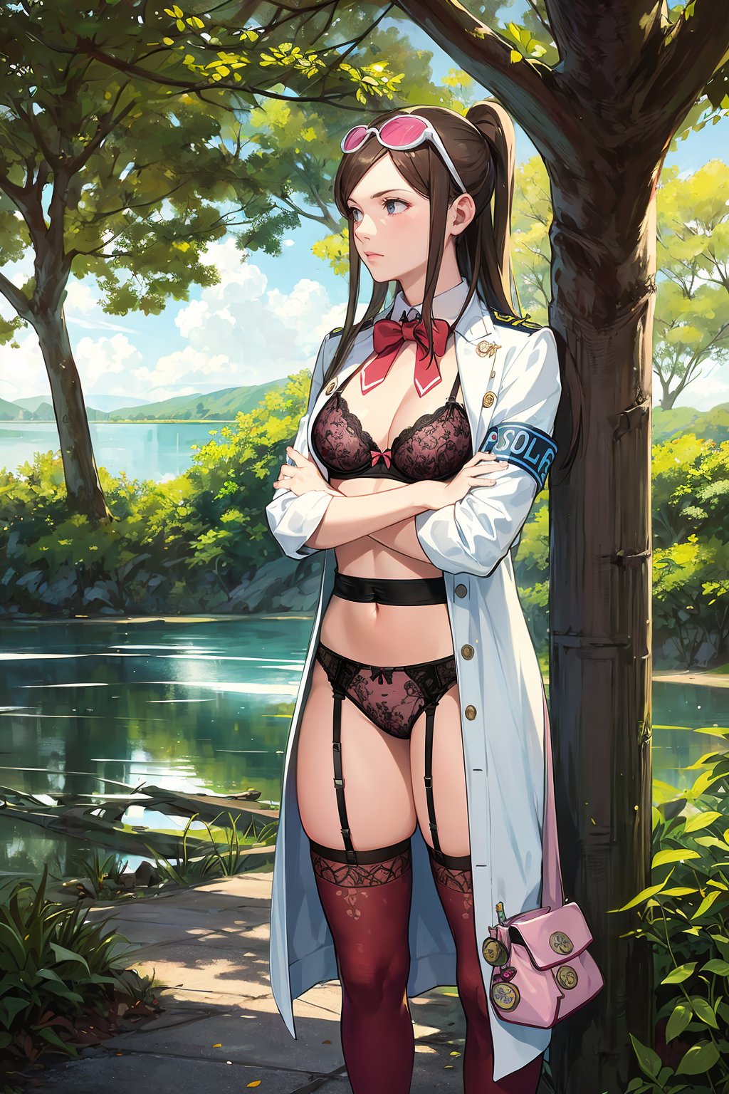 (solo, 1girl), (absurdres, highres, official wallpaper, poster), (masterpiece, best quality:1.2), (illustration, realistic), (perfect details, highest detailed, extreme detailed), dramatic light,   <lora:emaskye:1>, emaskye, (labcoat,  brown hair), (armband, eyewear on head, bag, bow, badge, test tube:1.2), ((print lingerie), (print bra), (print panties), garter belt, thighhighs), (thinking, searching, standing, looking upen, crossed arms), (park, tree, cloudy, police car, lake)