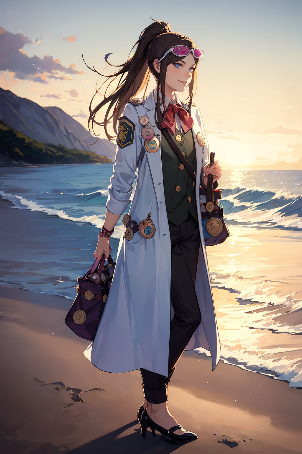 (solo, 1girl), (absurdres, highres, official wallpaper, poster), (masterpiece, best quality:1.2), (illustration, realistic), (perfect details, highest detailed, extreme detailed), dramatic light,  <lora:emaskye:1>, emaskye, (ponytail, brown hair, labcoat, high heels, pants, beach, ocean standing, evil smile),  (armband, eyewear on head, bag, bow, badge, test tube:1.2), 