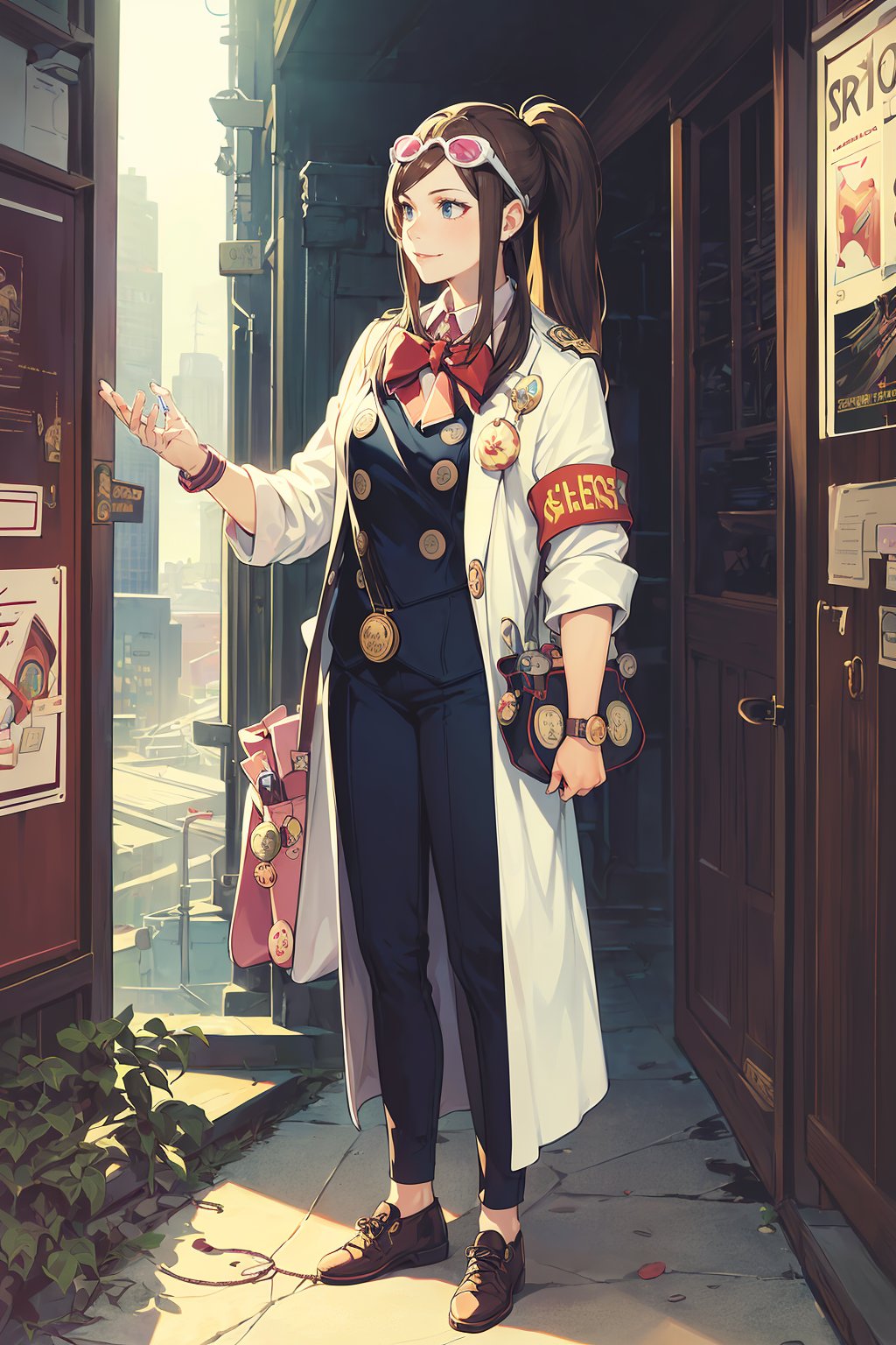 (solo, 1girl), (absurdres, highres, official wallpaper, poster), (masterpiece, best quality:1.2), (illustration, realistic), (perfect details, highest detailed, extreme detailed), dramatic light,  <lora:emaskye:1>, emaskye, (ponytail, brown hair, labcoat),  (armband, eyewear on head, bag, bow, badge, test tube:1.2), (standing, full body, city)