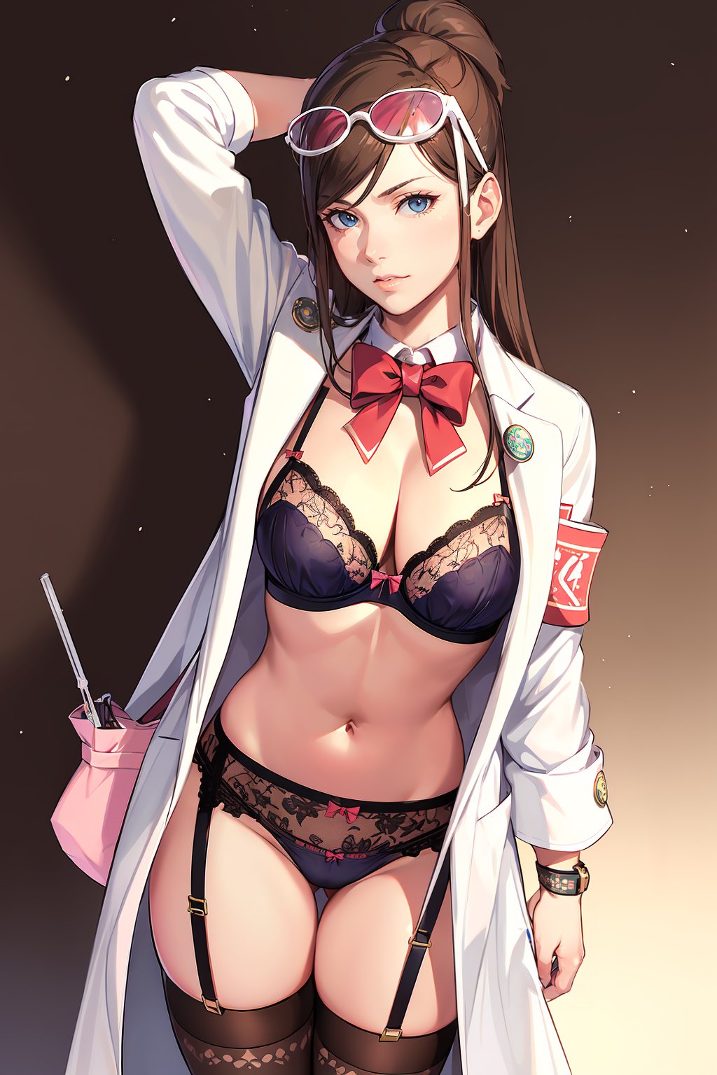 (solo, 1girl), (absurdres, highres, official wallpaper, poster), (masterpiece, best quality:1.2), (illustration, realistic), (perfect details, highest detailed, extreme detailed), dramatic light,   <lora:emaskye:1>, emaskye, (labcoat,  brown hair), (armband, eyewear on head, bag, bow, badge, test tube:1.2), ((print lingerie), (print bra), (print panties), garter belt, thighhighs), (laboratory:1.331), (standing, thinking)