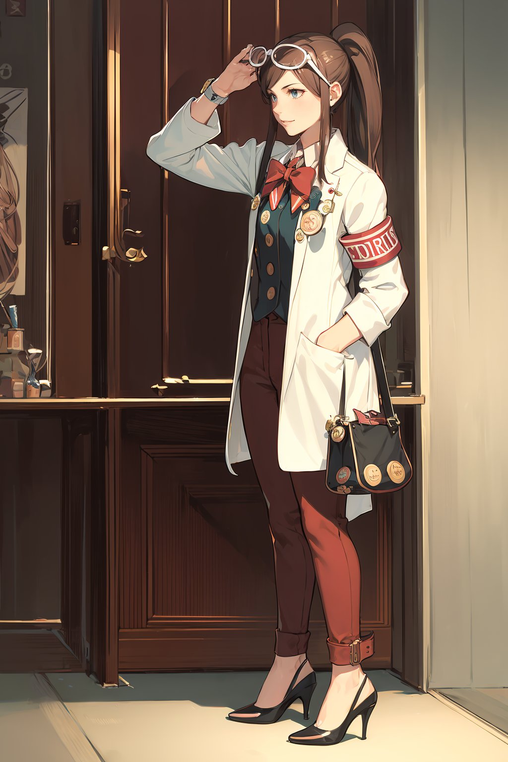 (solo, 1girl), (absurdres, highres, official wallpaper, poster), (masterpiece, best quality:1.2), (illustration, realistic), (perfect details, highest detailed, extreme detailed), dramatic light,  <lora:emaskye:1>, emaskye, (ponytail, brown hair, labcoat),  (armband, eyewear on head, bag, bow, badge, test tube:1.2), (standing, full body, city, brown pants, high heels)