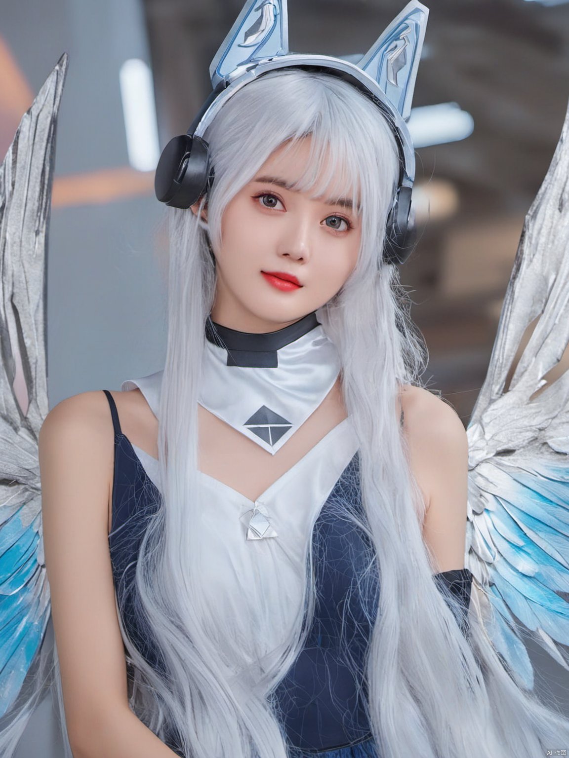  (masterpiece, top quality, best quality, official art, beautiful and aesthetic:1.2), tianqi,1girl,solo,long hair,looking at viewer,white hair,fake animal ears,wings,blue eyes