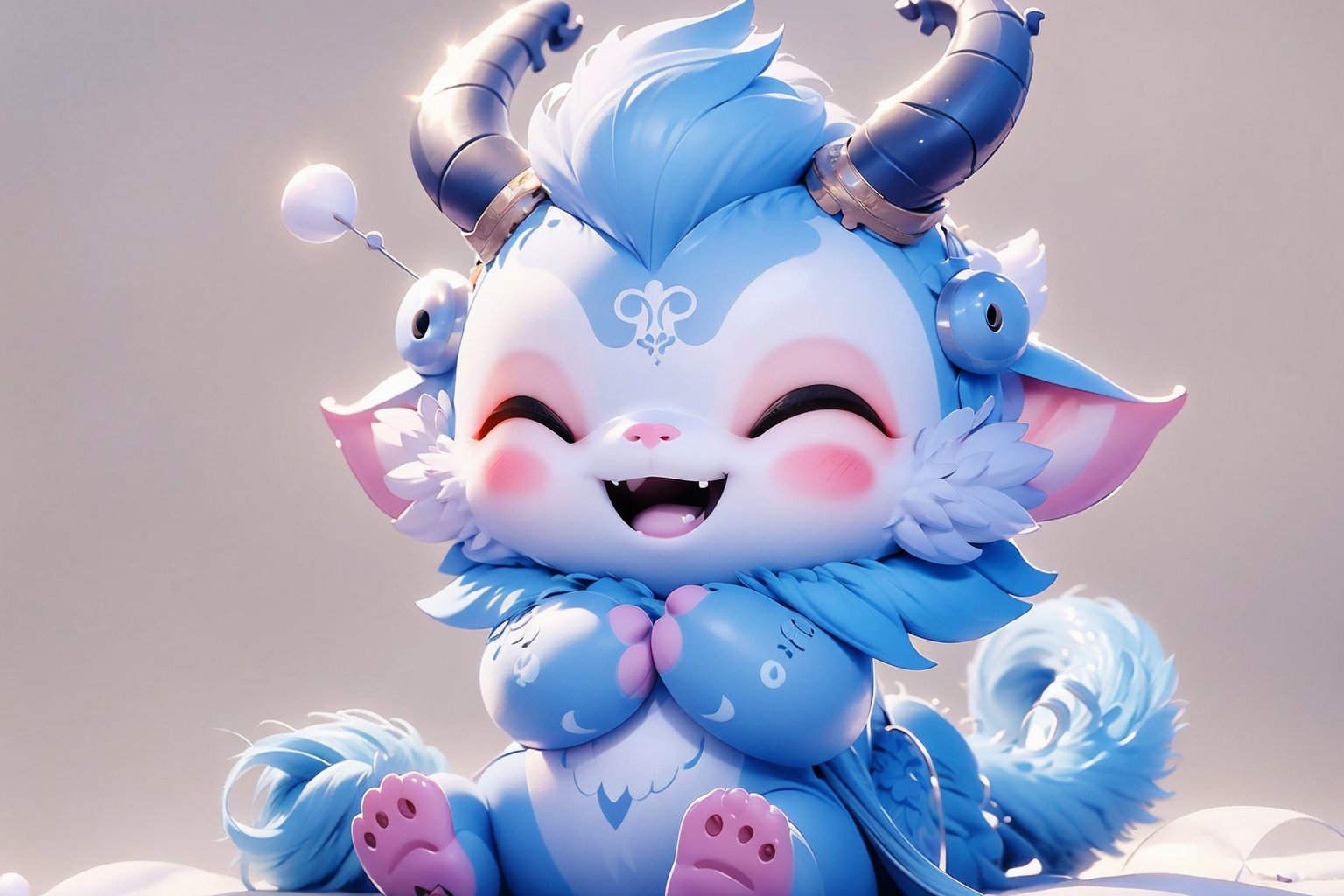 solo, blush, smile, open mouth, simple background, sitting, full body, closed eyes, horns, no humans, :3, happy, fluffy, pawpads, blue fur