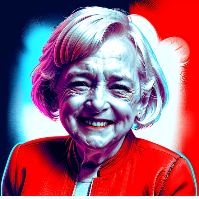 An red theme XTCH portrait of a happy Betty White, partially shaded face, dark background, heavy hatched lines, limited palette, sharp detailed hatching lines, sharp focus, highest quality, masterpiece, 8K, XTCH