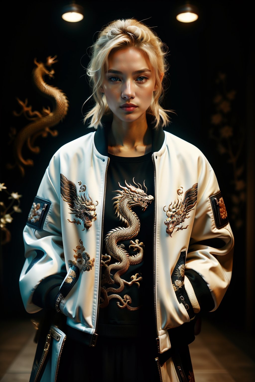 wo_dragonjacket01, (facing the camera),(a blonde woman), wearing a white jacket with a dragon design, 8k, masterpiece, award-winning photography, high resolution