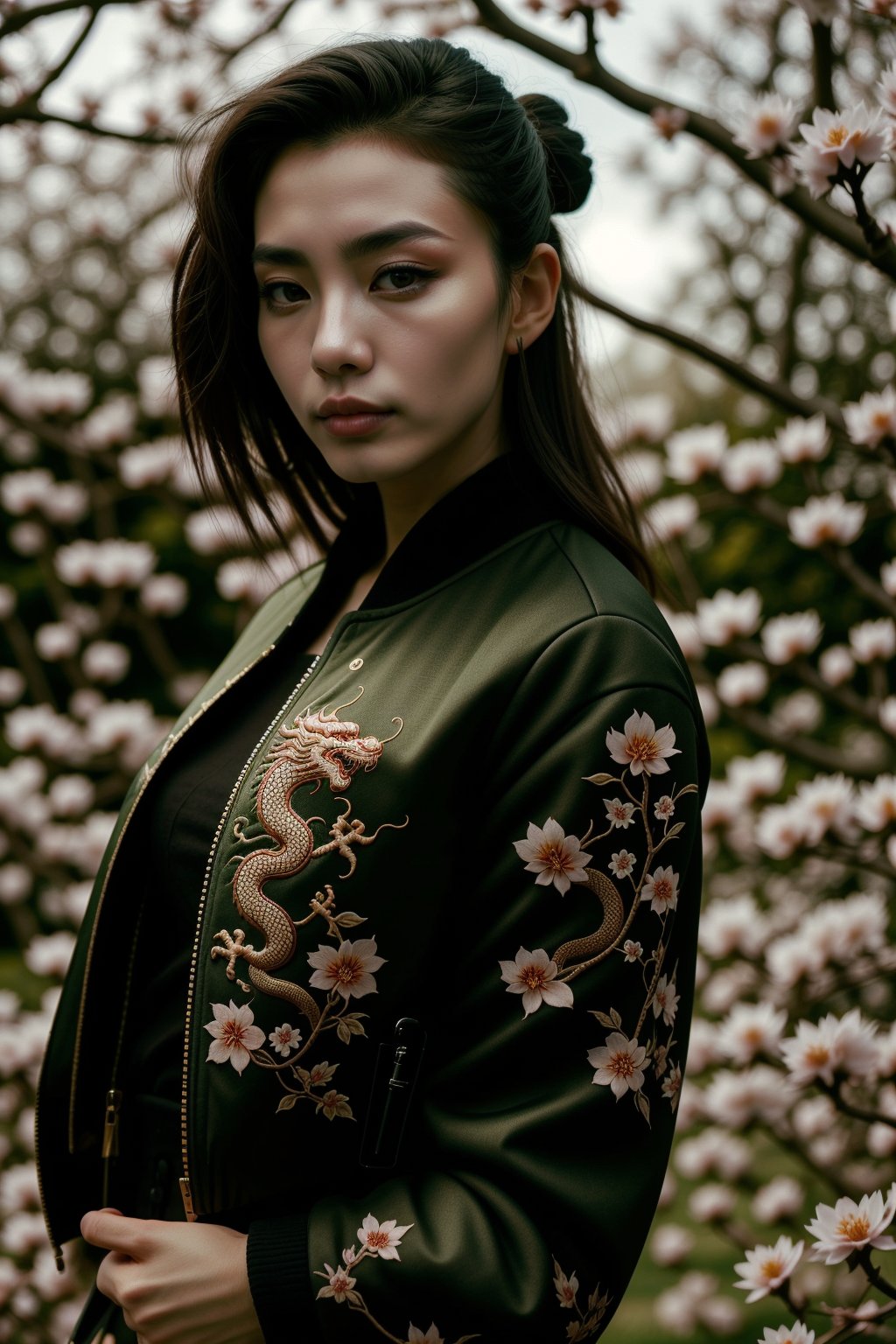 wo_dragonjacket01, (facing the camera), (a gorgeous asian woman from yakuza, in the park, blossom trees:1.2), wearing a green jacket with a black dragon design, 8k, masterpiece, award-winning photography, high resolution,<lora:659111690174031528:1.0>