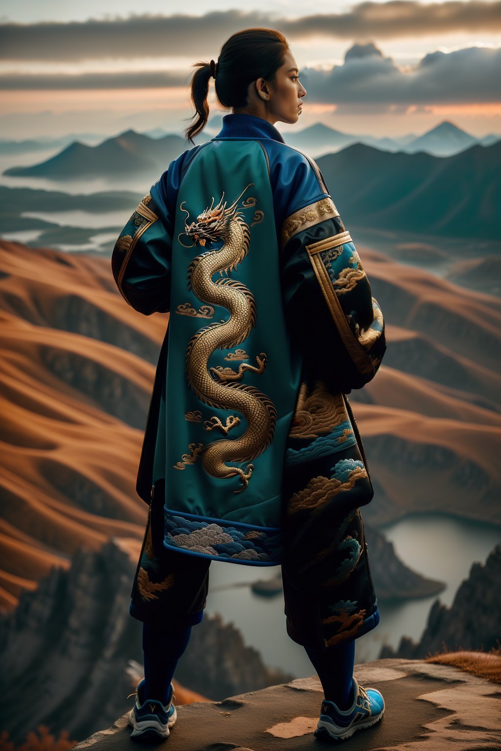 wo_dragonjacket01, from behind photo, (a woman at the top of a montain:1.2), blue jacket with a golden dragon, 8k, masterpiece, award-winning photography, high resolution