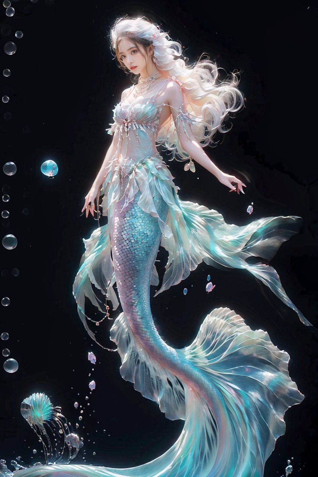 1girl,  solo,  long hair,  breasts,  jewelry,  full body,  closed eyes,  white hair,  necklace,  floating hair,  monster girl,  black background,  gem,  fish,  bubble,  underwater,  air bubble,  mermaid,  head fins,  pearl \(gemstone\),  mermaid,<lora:EMS-274744-EMS:0.800000>