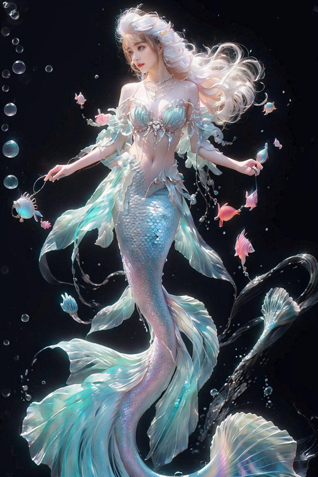 1girl,  solo,  long hair,  breasts,  jewelry,  full body,  closed eyes,  white hair,  necklace,  floating hair,  monster girl,  black background,  gem,  fish,  bubble,  underwater,  air bubble,  mermaid,  head fins,  pearl \(gemstone\),  mermaid,<lora:EMS-274744-EMS:0.800000>