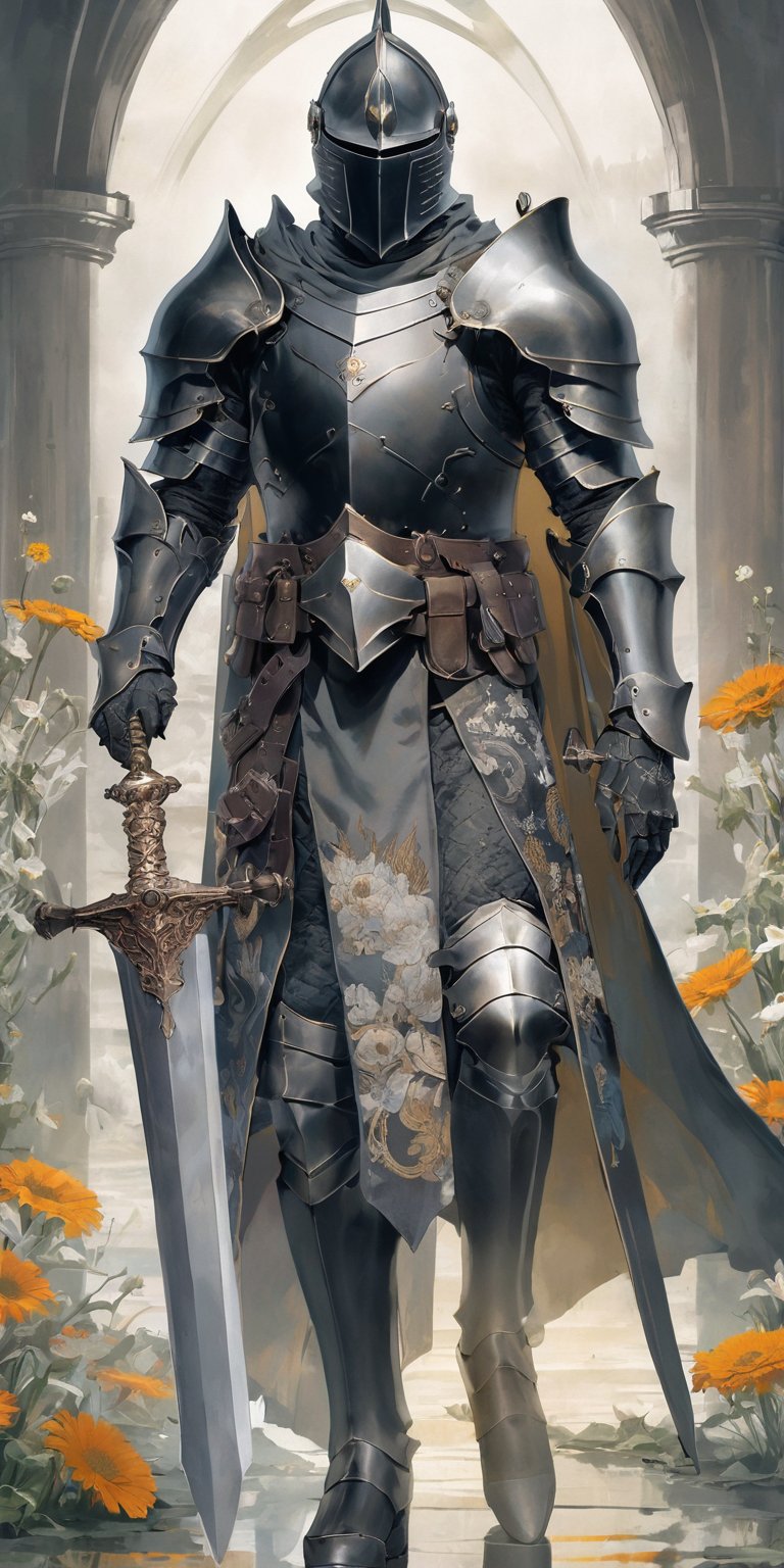 masterpiece, Best Quality, Ultra-detailed, solo, (full body), battle scene, steam punk, surreal, Medieval mythology, legendary  enigmatic Black Knight, mystery, formidable prower, captivating portrayal , translucent, artistic, elegant, floral arrangements 