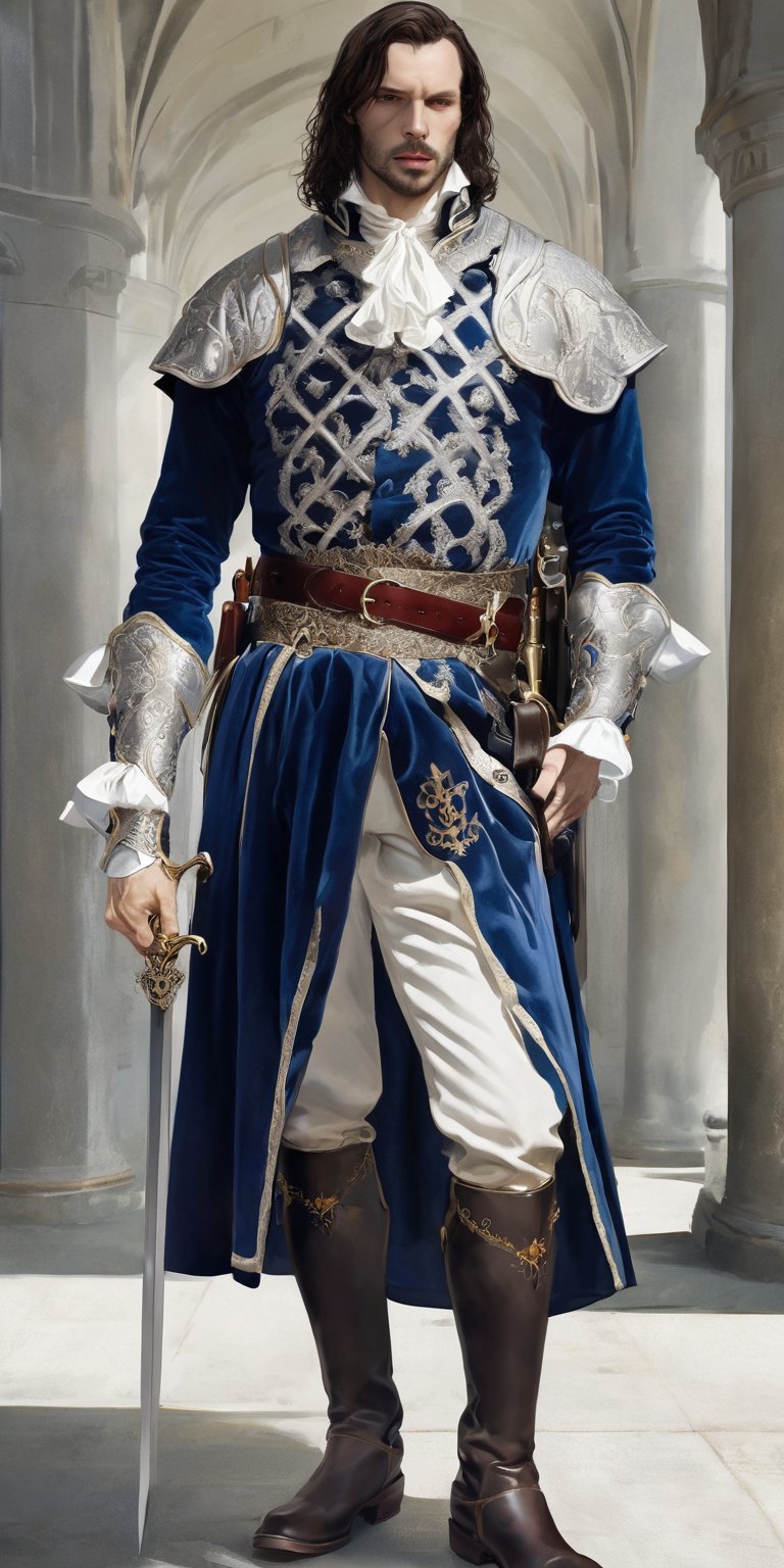 handsome french man, D'Artagnan, the epitome of 17th-century French Musketeer fashion, wears a deep blue, velvet doublet adorned with elaborate gold embroidery, reflecting the opulence of the era,His white ruffled collar extends gracefully from beneath his steel cuirass, and a burgundy sash cinches the ensemble, bearing a silver-hilted rapier with a handguard intricately crafted in the shape of fleur-de-lis,His high leather boots feature gold trim