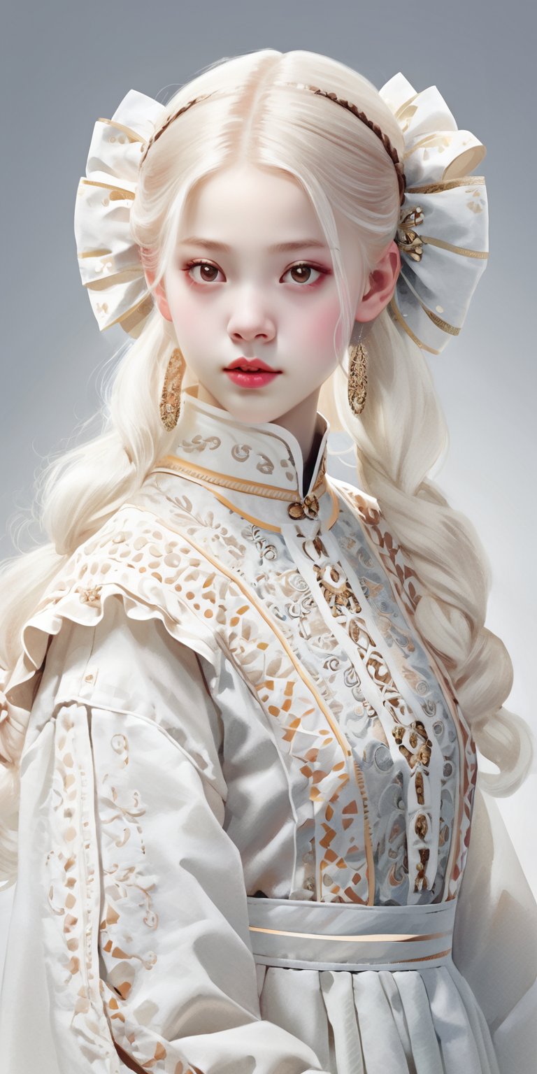 Albino Nordic girl,Pure white long Pigtail hair, Picture a mesmerizing fusion where the rich heritage of Hmong ethnic attire, intertwines with the enchanting world of Lolita fashion, The garment, a visual symphony, showcases vibrant cross-stitch patterns reminiscent of Hmong craftsmanship, meticulously stitched in an array of colors, dress flows gracefully, embracing the whimsical elegance of Lolita fashion with lace, bows, and layers, creating a harmonious dance of tradition and modernity. Each detail, a brushstroke in this vibrant canvas, tells a story of cultural richness and sartorial fantasy, offering a feast for the eyes that captivates and transcends genres,Flower queen