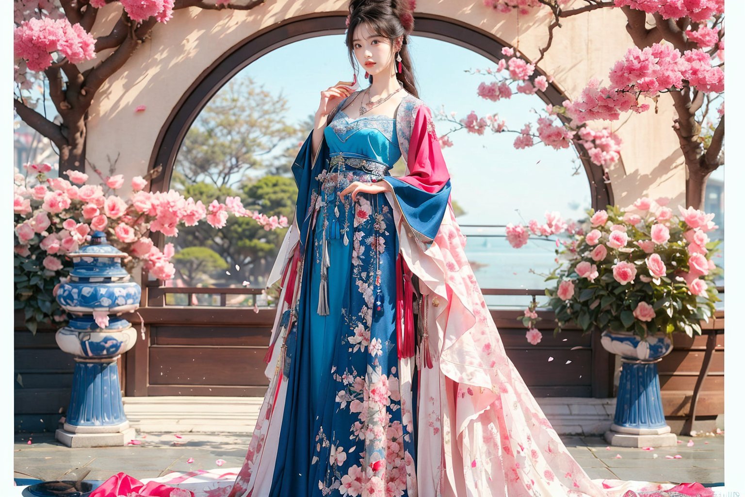 1girl, solo, long hair, black hair, hair ornament, long sleeves, dress, holding, jewelry, standing, full body, flower, earrings, hair flower, wide sleeves, necklace, tree, petals, chinese clothes, letterboxed, cherry blossoms, tassel, hand fan, folding fan, holding fan, hanfu,ancient_beautiful