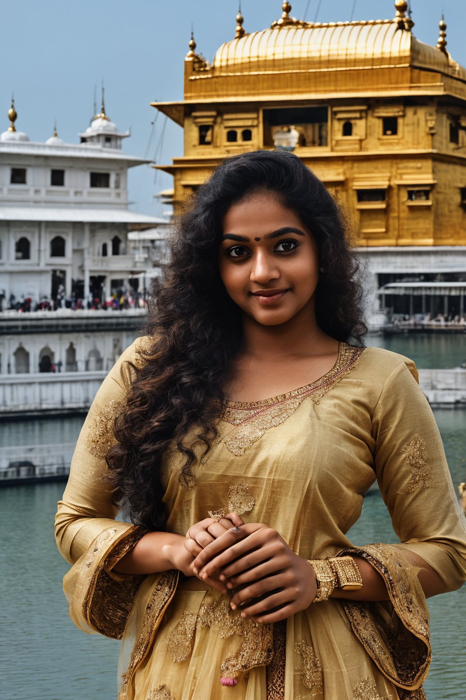 20 year old mallu woman, long curly brown hair,  front view, movie scene, cinematic, high-quality, ultra-detailed, professionally color graded, professional photography.  ( hard light:1.2), (volumetric:1.2), well-lit, double exposure, award-winning photograph, dramatic lighting, dramatic shadows, illumination, long shot, wide shot, full body, at in front of golden temple, smart watch on left hand, happy_face, Fast shutter speed, 1/1000 sec shutter, embroidered traditional indian dress,Mallu