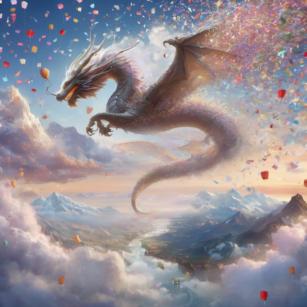 dragon, confetti, mountains, clouds, dreamy, realism, (epic, masterpiece, best quality:1.4), DragonConfetti2024_XL